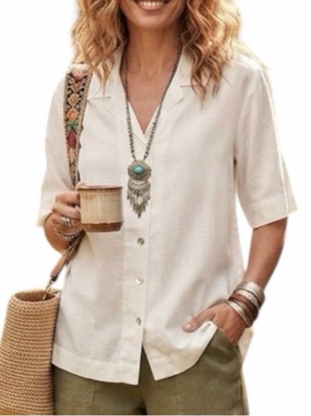 C’EST MOI Boxy Fit Button Down Blouse Ivory One Size O/S (XS-Large) Preppy